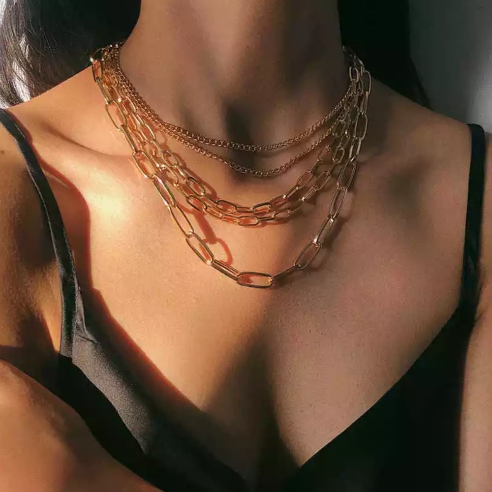 NEW 18K GOLD MULTY LAYERED CHAIN PUNK NECKLACE - Picture 7 of 7